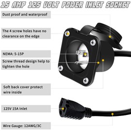15 Amp Shore Power Inlet, OPL5 125V 15AMP AC Port Plug NEMA 5-15 RV Plugs Receptacle with Waterproof Cover for RV Campers and Home Appliances Outlet 16 inch Extension Cord, ETL Listed