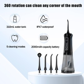 Water Dental Flosser Pick for Cordless Pulse Portable Oral Irrigator with 310ML Water 5 Pressure Modes 4 Replacement Tips IPX7 Waterproof Tank for TeethGums and Travel Personal Orthodontic Supplie