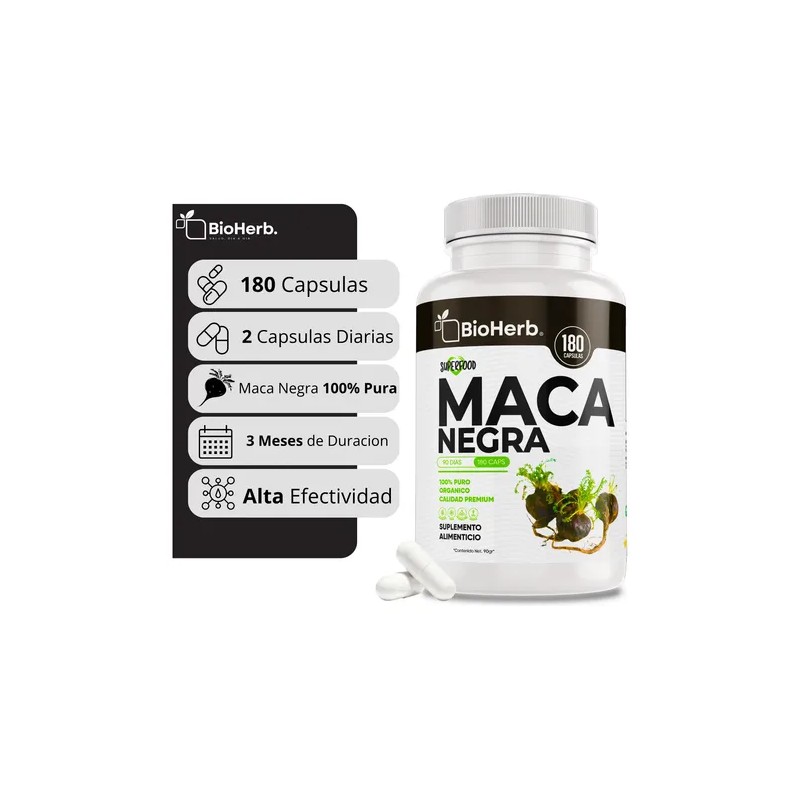 Maca Negra 100 Pura Bioherb 180 Cápsulas Suplemento