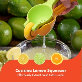 Cucisina Lemon Squeezer - 2-in-1 Design - Large Solid Fruit Presser for Citrus Fruits - Green, Yellow - Aluminum Alloy - 360° Rotational Design - Max Extraction Hand Juicer, Gets Every Lasts Drop