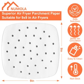 Numola 100 Pcs Air Fryer Parchment Paper Liners, 9 Inch Perforated Air Fryer Liners Disposable, Square Parchment Paper for Air Fryer, Non-Stick Steamer Liners for Oven, Microwave, Steaming Basket