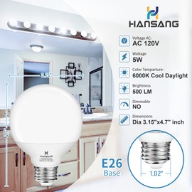 hansang 8 Pack G25 LED Vanity Light Bulbs, 6000K Cool Daylight, Globe Light Bulb 60W Incandescent Equivalent, 5W Round Light Bulb for Bathroom, E26 Standard Base, 500LM, CRI 85+, Non-Dimmable