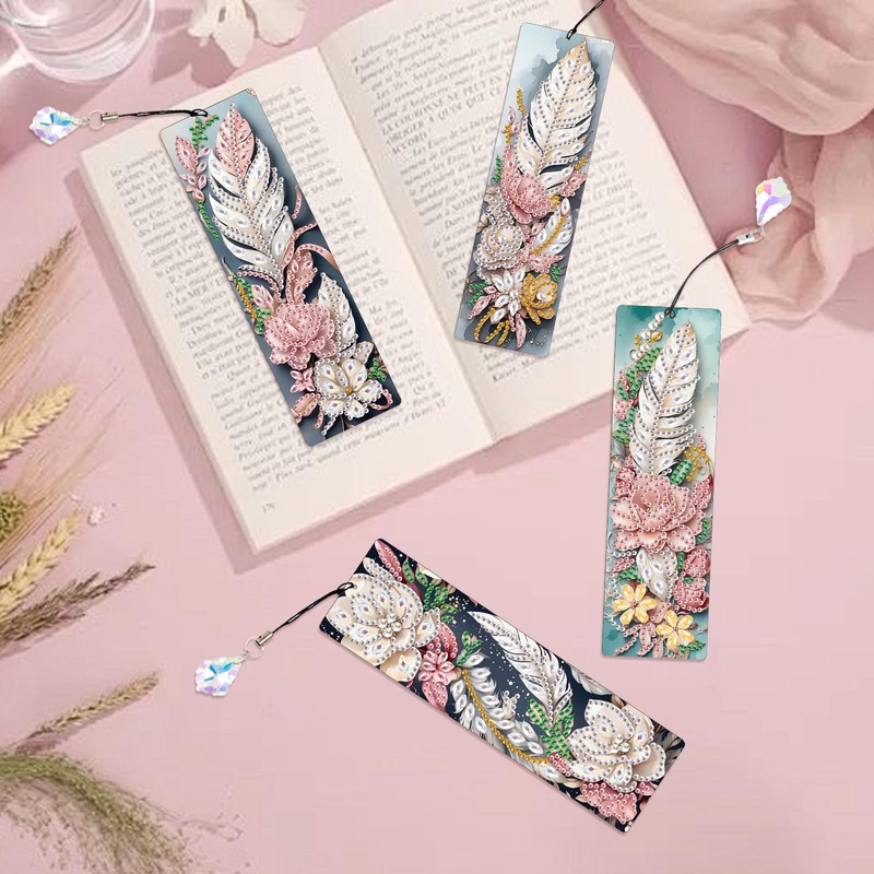 MVVMTOP 4pcs 5D Diamond Art Painting Bookmarks with Crystal Pendant,
