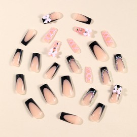 24 Pcs Pink Press on Nails Medium Square,MINGCHUN Spring Black French Fake Nails Press ons Acrylic Nail Art Tip Kit with 3D Rhinestones Bow Nail Charms Design Full Cover False Nail Glue on Nails Women