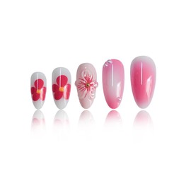Short Press on Nails Almond Fake Nails Pink False Nails Cute Artificial Nails with 3D Red Flowers Designs Acrylic Nails Press ons Floral Stick on Nails for Women 24pcs