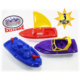 Matty's Toy Stop Plastic Boats Set Sailboat (Red), Speedboat (Purple) & Fireboat (Blue) Gift Set Bundle, Perfect Bath, Pool, Beach Etc. - 3 Pack