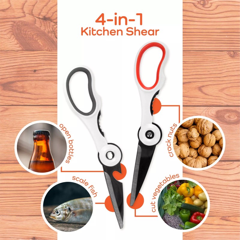BambooMN Premium 4-in-1 Kitchen Shears - 10 Sets, White &