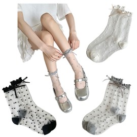 JK Home 3 Pair Set, Mesh Socks, Women's, See-through, Crew Length, Thin, Breathable, Stylish, Commuting, Summer, Polka Dot Pattern, Type A, Black, White, Gray, Type A Black + White + Gray, Free size