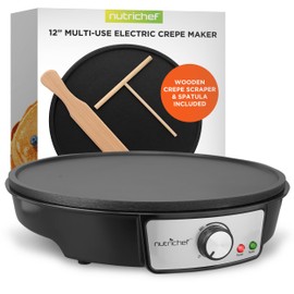 Nutrichef Electric Crepe Maker Pan & Griddle - 12 Inch Nonstick Cooktop, LED Indicators & Adjustable Temperature Control, Includes Spatula, Batter Spreader, Cooks Crepes, Roti & Pancakes