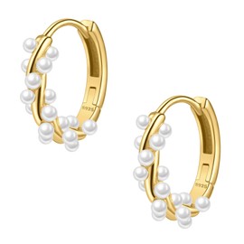 UTISUVIKO Pearl Hoop Earrings for Women, 925 Sterling Silver Cute Pearls Twisted Hoop Earring 14K Gold Adjustable Wedding Bridal Silver Pearl Earrings for Teacher AppreciationBack to School (Gold)