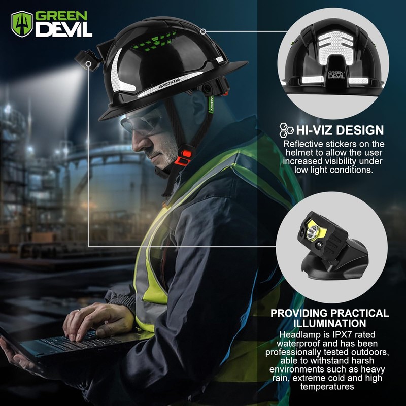 GREEN DEVIL Matrix Full Brim Hard Hat with Headlight Vented