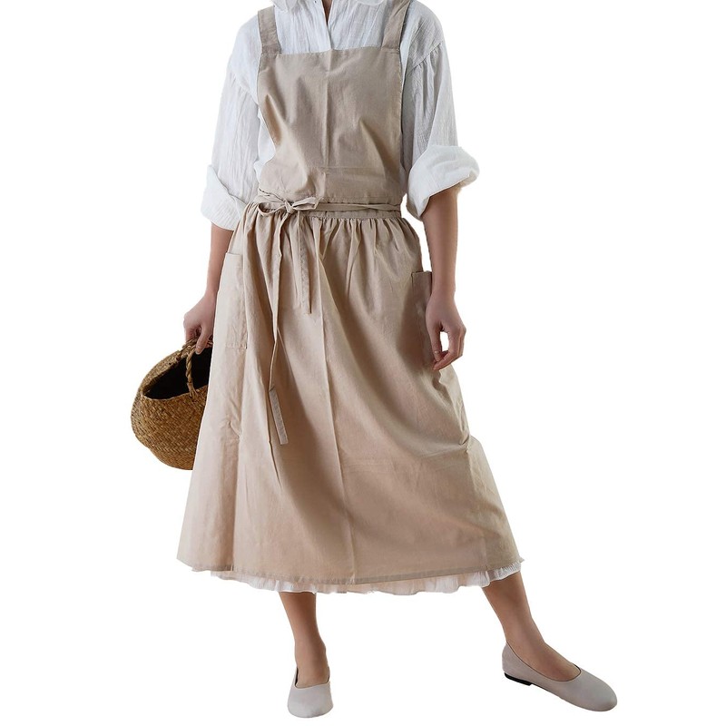 Cotton Pleated Apron Retro Waterdrop Proof Garden Cleaning Pinafore Dress
