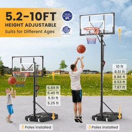 FirstAsk Basketball Hoop Outdoor 10 FT Height Adjustable Basketball Goals Systems Portable with 44" Backboard and Wheels for Youth Adults Kids - Backyard, Driveway, Indoor Play