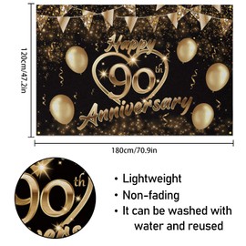 Happy 90th Anniversary Backdrop Banner Decor Black Gold – Glitter Love Heart Happy 90 Years Wedding Anniversary Party Theme Decorations for Women Men Supplies
