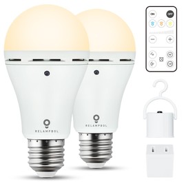 RELAMPBOL 2 Pack Rechargeable Emergency Light Bulbs with Remote Timer and 3 Color Temperatures, Battery Backup Bulb for Sconces and Lamps - Dimmable 9W Power Outage Blackout LED Bulbs