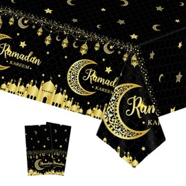 COSORO 2pcs Blue Gold Eid Al-fitr Table Cloth Eid Ramadan Mubarak Tablecloths,137 * 274cm Eid Decorations Moon Star Tablecover Plastic Tablecloth for Ramadan Umrah Mubarak Islam Muslim Decorations