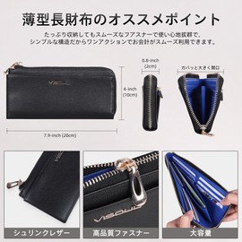 VISOUL Wallet Genuine Leather Bill Compartment, Card Coin Purse, 2-fold, Skimming Prevention, License Holder, Large Capacity, Popular, Made by Leading Leather Artisans with L-Shaped Zipper, black.navy