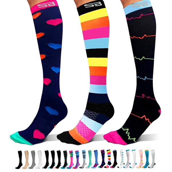SB SOX 3-Pair Compression Socks (15-20mmHg) for Men & Women – Best Socks for All Day Wear! (S/M, 08 – Multi-color)