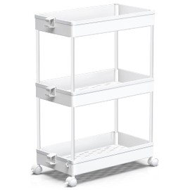 SPACEKEEPER Storage Rolling Cart, 3 Tier Laundry Room Organization Utility Cart Bathroom Organizer Mobile Shelving Unit Shelves Multi-Functional Trolley, White