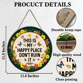 This is My Happy Place Don't Ruin It Wooden Sign Welcome Sign for Home Office Kitchen Bedroom Garden Decor, 11.8 x 11.8 Inches