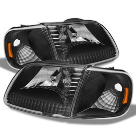 AKKON - Fits 1997-1999 F250 1997-2003 F150 2004 F-150 Heritage Black Headlights + Blk LED Tail Light Brake Lamp Pair Left+Right
