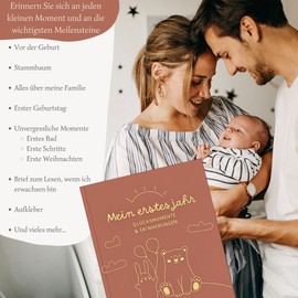 HuBorns - My First Year Baby Album up to 5 Years for Gluing Photos and Writing with 50+ Pages and Stickers, Photo Album Baby Girls and Boys, Memory Book, Ideal as Gifts for Birth