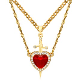 MISS RIGHT Necklace for Men Women Jewelry Red Zircon Love Heart Dagger Pendant Necklace Gothic Sword Layered Couple Matching Necklaces for Him and Her, Stainless Steel 18K Jewelry Sets
