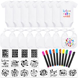 Chuarry 42 Pcs DIY Baby Bibs Decorating Kit 8 Bodysuits 8 Solid White Feeder Bibs 10 Fabric Markers 16 Stencils, 2 Ply Feeder Bibs Baby Shower Game Gifts for Boys Girls Gender Reveal Party