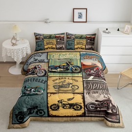 Feelyou Motorcycle Bedding Set Kids Retro Motorcycles Comforter for Boys Girls Teens Vintage Old School Comforter Set Extreme Sports Quilt Room Decor Bedspread Twin Size Boys