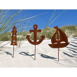 LB H&F Set of 3 Garden Stakes, Maritime Decorative Rust Stakes, Anchor/Ship/Lighthouse, Rust, Metal, Weatherproof (Set of 3 1)