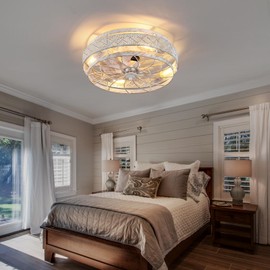 SHIHOT Caged Ceiling Fans with Lights Remote Control White, 18 Inch Flush Mount Ceiling Fan Small, Bladeless Low Profile Ceiling Fan Light Fixture for Bedroom, Kitchen, Reversible(Bulbs not Included)