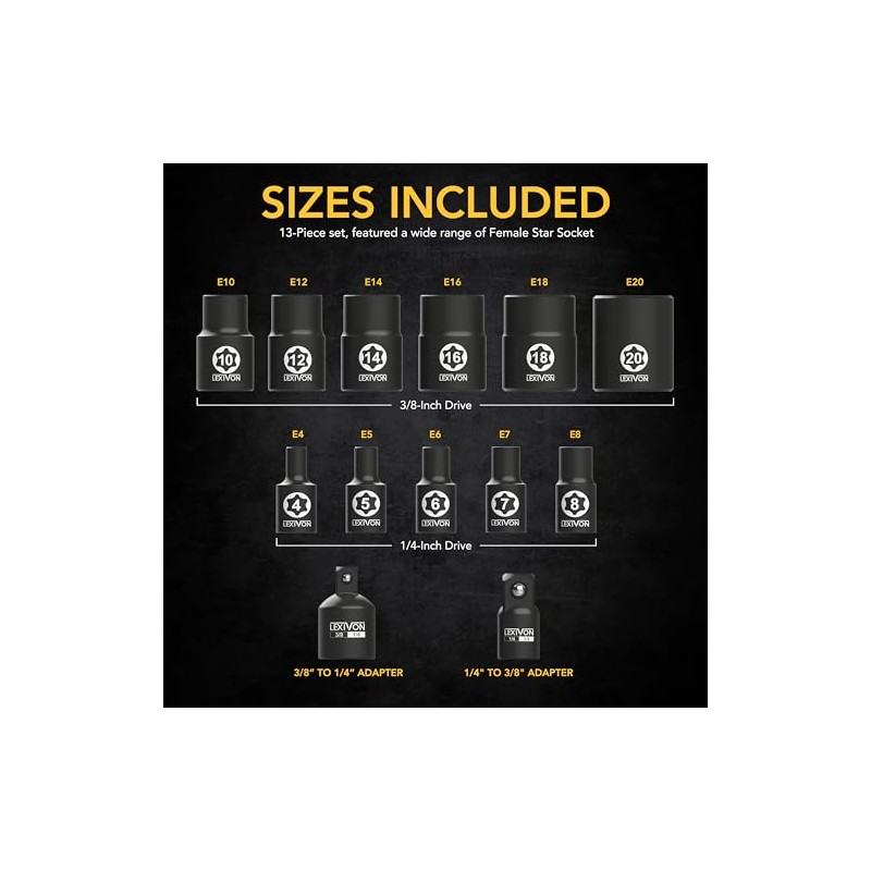 LEXIVON E-TORX Socket Set, Chrome Vanadium Alloy Steel | 13-Piece