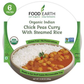 Food Earth - Indian Chick Peas Curry with Steamed Rice, Ready to Eat Meals, Packaged Indian Food, Pre-prepared Healthy Microwaveable Meals, 300 grams x Pack of 6