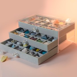 JUELWRY Acrylic Rock Collection Box - Display Storage Rock, Jewelry Organizers, Crystal Rock Display case, Anti-tarnish &dust, 3-layer, 54 grids, Velvet Interior Drawer, Thickened Shell, trinket shelf