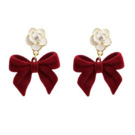 Red Bow Earrings for Women Christmas Bow Earrings Pearl Bow Earrings Velvet Pearl Bow Earrings New Year Christmas Holiday Jewelry (bow flower)