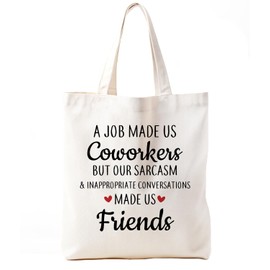 Zeghk Friend Gifts Canvas Tote Bag, Beach Bag A Job Made Us Coworkers But Our Sarcasm Coworker Leaving Gift-Funny Birthday, Friendship, Going Away Gifts for Friends, Coworker, Work Bestie, White
