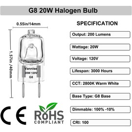Vannise G8 Halogen Bulb 20W Warm White- 10 Pack Long Lasting G8 Bulb 120V 20W, Halogen Bulbs 2 Pin G8 Dimmable for Under Cabinet Puck Lighting Replacements, G 8 Light Bulb with G 8 Base