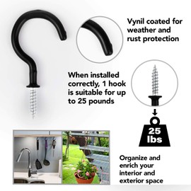 KOFOT Carbon Steel Vinyl Coated Screw Hooks, 20 Pack, 2.9 Inches, Black, Indoor & Outdoor Plant Hooks