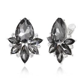 EVER FAITH Vintage Rhinestone Clip On Stud Earrings for Women, Fancy Crystal Cluster Teardrop Art Deco Non Pierced Earring for Wedding Bridal Brides Grey Silver-Tone