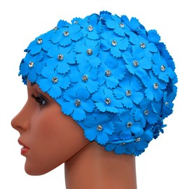 Medifier Manual Rhinestone Floral Petal Retro Style Swimming Cap Swimming Caps for Women Light Blue