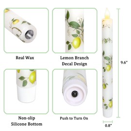 Holitown 2 Pack Flameless Taper Candles with Remote Lemon Theme LED Candlesticks Battery Operated Real Wax Window Candle 9inch 3D Wick Flicker Flame for Wedding Dining Room Table Fireplace Christmas