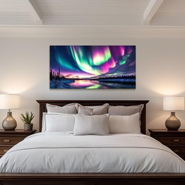 SERIMINO Colorful Aurora Wall Art, Fantasy Starry Sky Large Wall Decor, Modern Northern Lights Nightscape Art Prints, Natural Lake Aesthetic Canvas Pictures for Living Room Bedroom Office 24"X48"