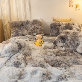 Jameswish Shaggy Plush Duvet Cover Set Super Soft Fluffy Faux Fur Comforter Cover Set Luxury Fuzzy Bedding Set 3 Piece(1Duvet Cover+2Pillowcases) with Zipper Closure(Full Size,Gray White Ombre)