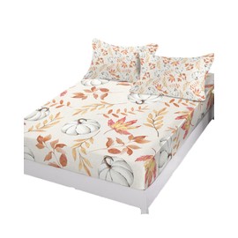 Thanksgiving Fitted Sheet for King Size Bed Decor,Autumn Watercolor White Pumpkin Soft Deep Pocket Bedding Set with Pillow Cases,Bottom Sheet Fit 5-16inch Deep,Fall Maple Leaves on Burlap Cotton