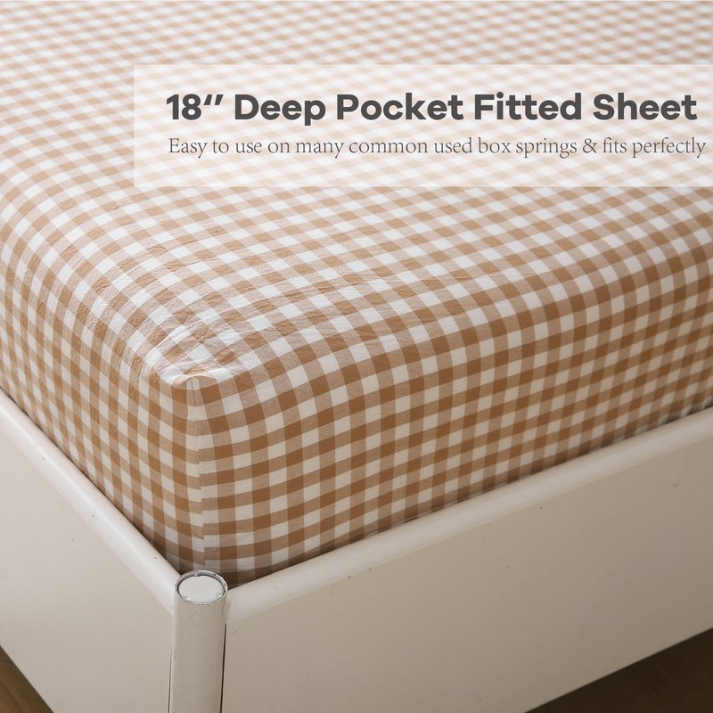 K MASANIJI Taupe White Plaid Ruffle Sheets Twin Size 4-Piece