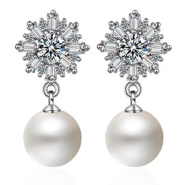 Pearl Earrings, 1 Pair Silver Pearl Earrings, Costume Stud Earrings Rhinestone Edelweiss Pearl Earrings, Pearl Earrings with Zirconia Stones with Individual Box for Women, Silver