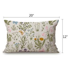 Vintage Garden Plants with Herbs Flowers Botanical Cotton Linen Decorative Throw Pillow Case Cushion Cover Pillowcase for Couch Sofa Bed,12 X 20 Inches