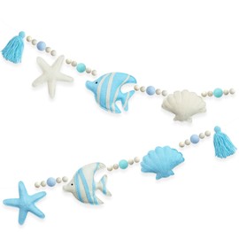 Under The Sea Decorations Pre-Strung Handmade Felt Blue Beige Ocean Fish Starfish Shell Banner Blue Aqua Wool Felt Ball Wooden Beads Tassel Garland for Ocean Beach Shell Mantle Fireplace Home Decor
