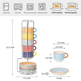 Selamica Ceramic Espresso Cups with Saucers, 2.5 OZ Stackable Demitasse Cups with Metal Stand, Mini Espresso Mugs for Latte Coffee Café Mocha Tea, Set of 6, Assorted Colors