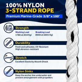 Five Oceans Anchor Line 5/8" x 100', Anchor Rope Line, Marine Premium 3-Strand White Nylon Boat Anchor Rope - Stainless Steel Thimble and Shackle, Ideal for Mooring Anchoring Towing - FO4488-C100